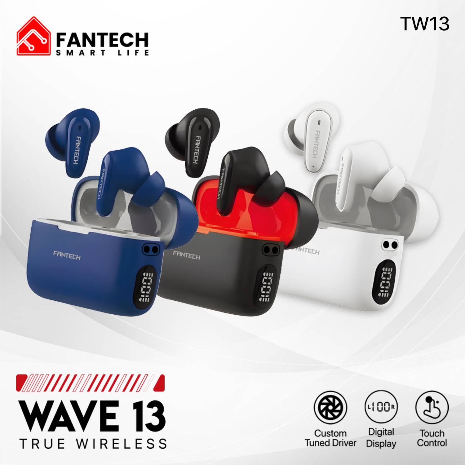 BLUE Fantech Wave 13 TWS Bluetooth Earbuds Digital Display BLUE Fantech Wave 13 TWS Bluetooth Earbuds Digital Display